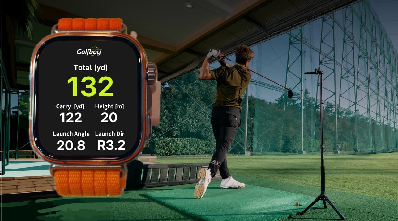A golfer at a driving range and a HUAWEI WATCH showing shot results